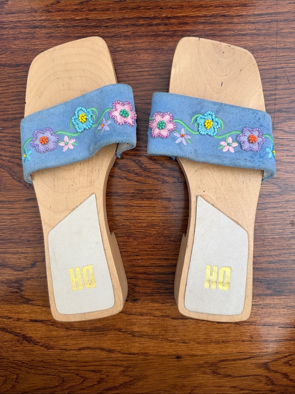 VINTAGE DOLLHOUSE Blue Embroidered Floral Slide Sandals SIZE 7